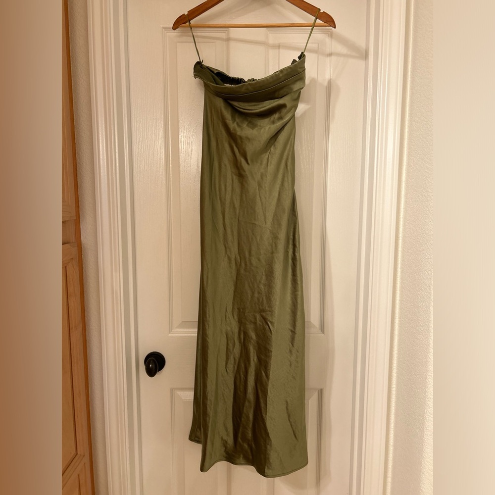 Cute Midi Strapless Satin Green Dress